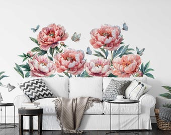 Décalcomanies florales pivoine - Stickers muraux autoadhésifs pour chambre de bébé ou décoration d'intérieur - Décoration murale fleurs roses