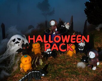 3D Printed Halloween Mini Figure Set | 6-Pack | Bat, Spider, Black Dragon, Skeleton Astronaut, Cat, Pumpkin Man | Halloween Decor & Gifts