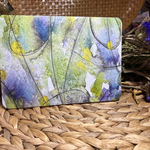 Card Watercolor ink,  Subtle, abstract, gold, purple, green, gift, sister, mom, owl collector, friend, teacher, student, notecard, special