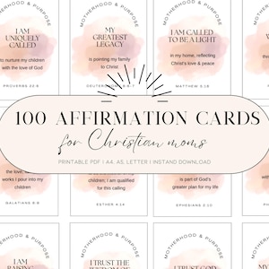 May include: A set of 100 printable affirmation cards for Christian moms. The cards feature watercolor backgrounds with inspirational quotes and bible verses. The cards are designed to be printed on A4, A5, or letter size paper.