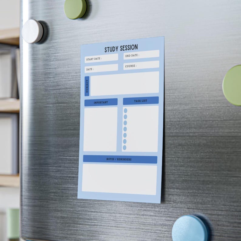May include: A light blue study session planner with the text "Study Session" at the top. The planner includes sections for start and end dates, course, subject, important notes, a task list, and reminders. It is attached to a metallic surface.