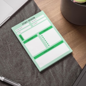 May include: A mint green study session notepad with white and green detailing. The notepad features sections for start and end dates, course, subject, important notes, task list, and reminders. The words "STUDY SESSION" are printed at the top.