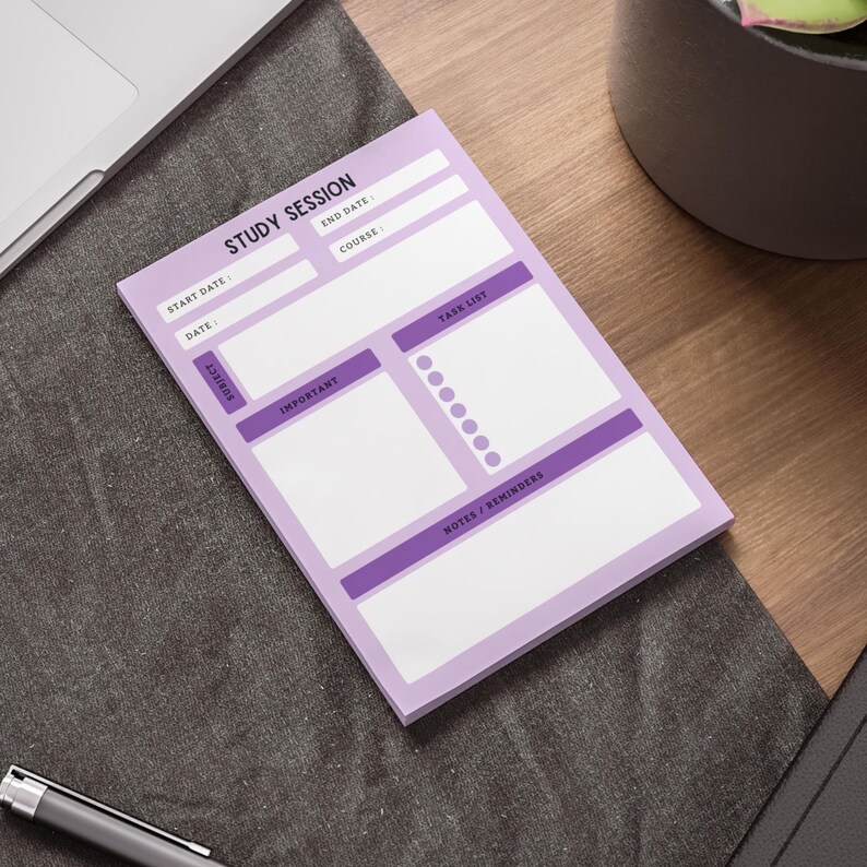 May include: A lavender study session notepad with purple accents. The notepad includes sections for start and end dates, course, subject, important notes, a task list, and reminders. The words "Study Session" are at the top.