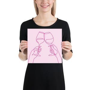 Póster minimalista de copa de vino, arte mural, póster de "Salud", decoración de pared, póster rosa, póster de bebidas, póster para adultos, póster de vino