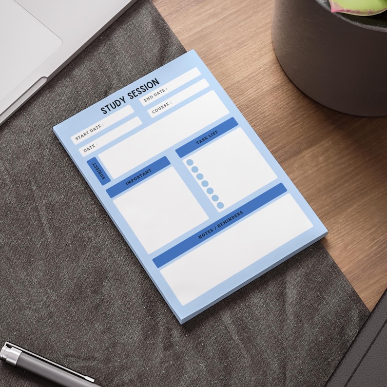 May include: A light blue study session notepad with a layout for subject, date, course, and task list. The notepad has a white background with blue accents and the text "STUDY SESSION".