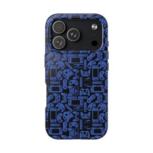 May include: A black phone case with a blue pattern of various video game controllers and consoles. The case has a raised edge around the camera lenses and a smooth, glossy finish. The design is repeated across the entire surface.