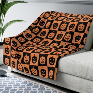 Pumpkin Checker Sherpa Fleece Blanket Warm Plush Throw Fall Cozy Nights Spooky Season