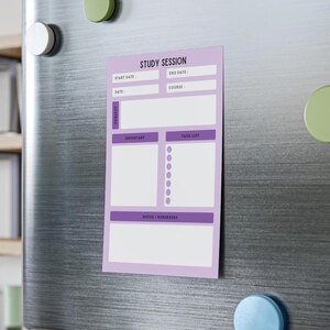 May include: A lavender magnetic study session planner with the text "STUDY SESSION". The planner includes sections for start and end dates, course, subject, important notes, and a task list. It is attached to a silver refrigerator.