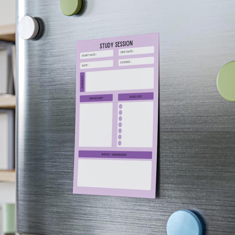 May include: A lavender magnetic study session planner with the text "STUDY SESSION". The planner includes sections for start and end dates, course, subject, important notes, and a task list. It is attached to a silver refrigerator.
