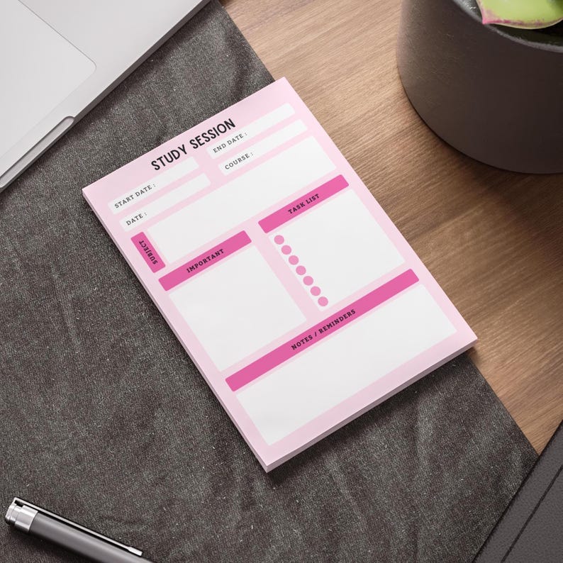 May include: A pink notepad for study sessions, featuring sections for notes, tasks, and reminders. The notepad includes areas labelled "Subject", "Start Date", "End Date", "Date", "Course", "Important", "Task List", and "Notes/Reminders."