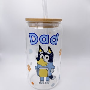 Bluey Cup | Dad Glass Cup | iced coffee cup | 16oz libbey glass can | gifts for him | gifts for dad | Fathers Day gift