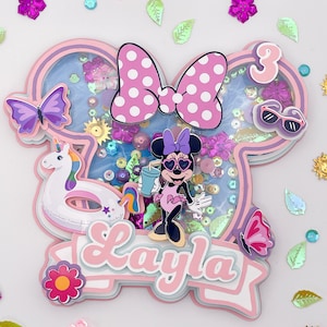 Topper per torta di Minnie Mouse, topper per torta personalizzato, Minnie Mouse, compleanno estivo, topper per torta shaker, festa in piscina di Minnie Mouse