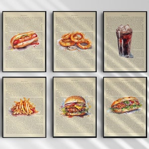 Könnte beinhalten: Sechs Aquarell-Illustrationen von klassischen Fast-Food-Gerichten, die auf alten Buchseiten gedruckt sind. Die Illustrationen zeigen einen Hotdog, Zwiebelringe, einen Burger, Pommes Frites, ein Sandwich und ein Glas Cola.