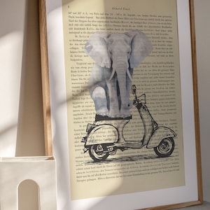 Vespa Elephant Print, impression vintage sur page de livre ancien, Motorcycle Zoo Africa, pages de livre réel, pièce unique Italie antique