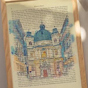 Könnte beinhalten: Eine Vintage-Illustration im Aquarellstil eines Gebäudes mit einer Kuppel, umgeben von Text. Das Gebäude ist in Blautönen, Gelb und Rosa gemalt, mit einer roten Tür. Der Text ist in Schwarzweiß und scheint aus einem Buch zu stammen.