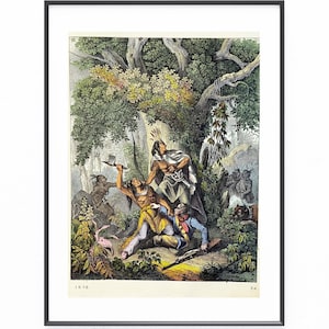 Può includere: Una stampa incorniciata raffigurante una scena storica con figure in un ambiente forestale. L'opera presenta un gruppo di persone, alcune in abiti nativi americani, impegnate in una scena d'azione. La tavolozza dei colori comprende verdi, marroni e tocchi di blu e giallo.
