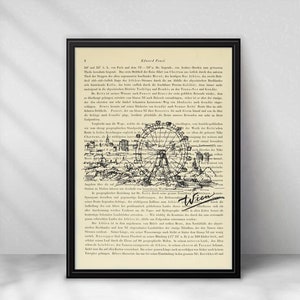 Könnte beinhalten: Schwarz gerahmter Druck mit einer Vintage-Illustration des Wiener Riesenrads in Wien, Österreich, vor einem Hintergrund aus gealtertem Text. Das Wort "Wien" ist handschriftlich in der unteren rechten Ecke.