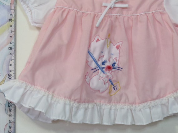 Vintage 70's pink baby dress with cat embroidery … - image 3