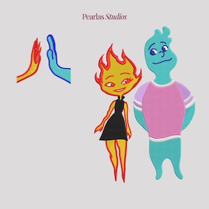 Könnte beinhalten: Eine Cartoon-Illustration eines Feuer-Charakters mit einem schwarzen Kleid und eines blauen Charakters mit einem rosa Hemd. Der Feuer-Charakter gibt dem blauen Charakter einen High Five.