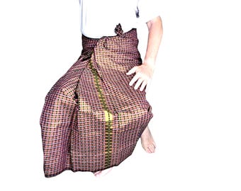 Sarong de algodón hecho a mano: falda tailandesa Dhoti Longyi, pareo de rayas doradas negras y rosas, ropa para hombre