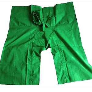 Thailändische Fischerhose, grün 100% Baumwolle, Freizeitkleidung, Unisex mit weitem Bein für den Urlaub, Yoga Hose, Backpacker Pyjama