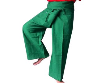 Thai fisherman pants, green cotton linen, unisex clothing, loose fit, casual yoga exercise wear, wide leg, massage heavy duty
