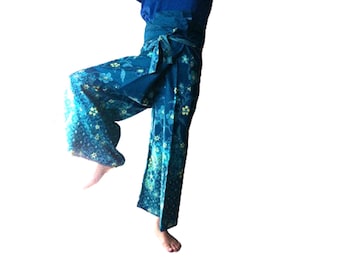 Handgemachte Thai Fischer Hose: Blau Blumen Batik Baumwolle Yoga Hose, Poolkleidung, Coverup