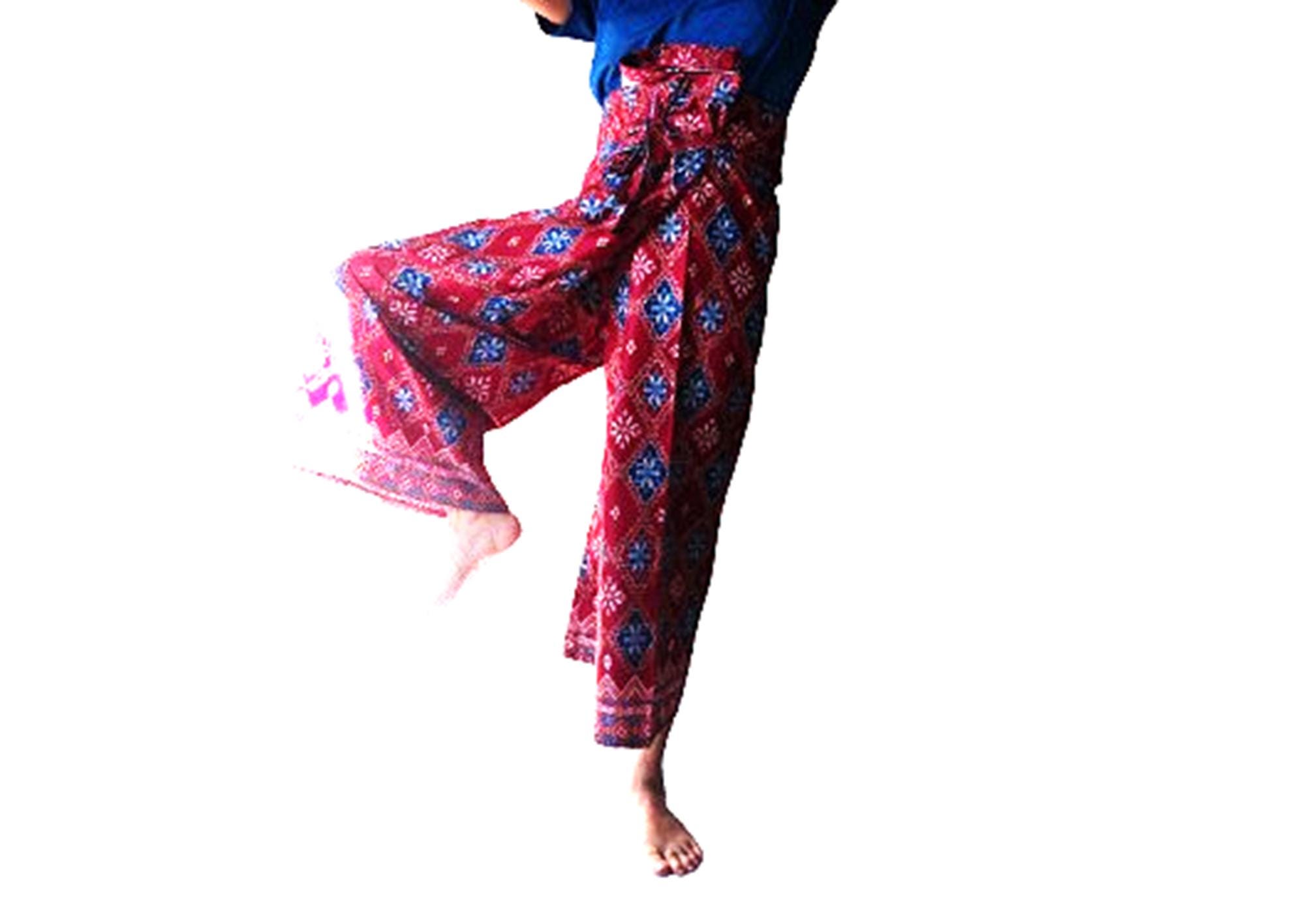 Women's Cotton Patterned Thai Fisherman Pants Lightweight, Adjustable Wrap Pants  Eco-Friendly Versatile for Yoga & Casual Wear red blue