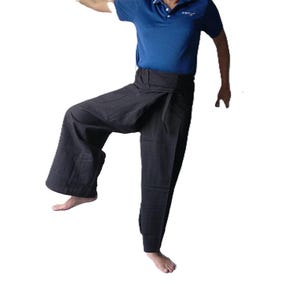 black  Linen trousers, unisex clothing, Thai yoga massage, Wrap pants, Thai fisherman pants, Unisex, loose fit, heavy duty, extra large