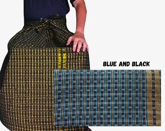 Handwoven Cotton Sarong: Men's Longyi, blue and black, gold thread Myanmar Clothing, wedding, men's clothing