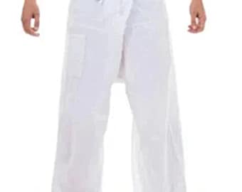 May include: White wrap-style trousers featuring a wide waistband with a tie closure at the front. These loose-fitting pants have a straight-leg silhouette and a clean, solid white finish, providing a relaxed and comfortable fit for various activities.