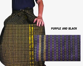 Sarong masculino 100% algodão, estilo longyi, roxo e preto com fios dourados, ideal para casamentos e ocasiões formais. Feito à mão.
