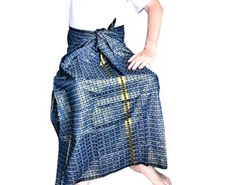 Longyi, Sarongs für Männer, blau-goldene Baumwolle, Burmesische Kleidung Malong traditionelle Röcke für Männer Muslimisches Geschenk Strandbekleidung Sommer