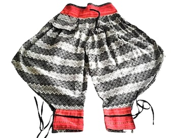 Unisex Black & Grey Striped Cotton Pants - Hill Tribe Harem Style, Handmade Ethnic Wear