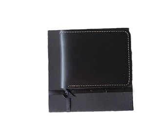 Cartera plegable de cuero negro hecha a mano: cartera para hombre cosida a mano. Regalo de cumpleaños.