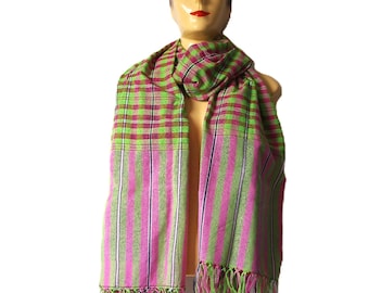 multi purpose cotton scarf green and pink check, neck warmer, gift for him, Thai cotton handmade, wrap around scarves, large unisex clothes
