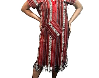 Handmade Thai Cotton Dress: Red Black Striped Hill Tribe Fashion, costume, hippie