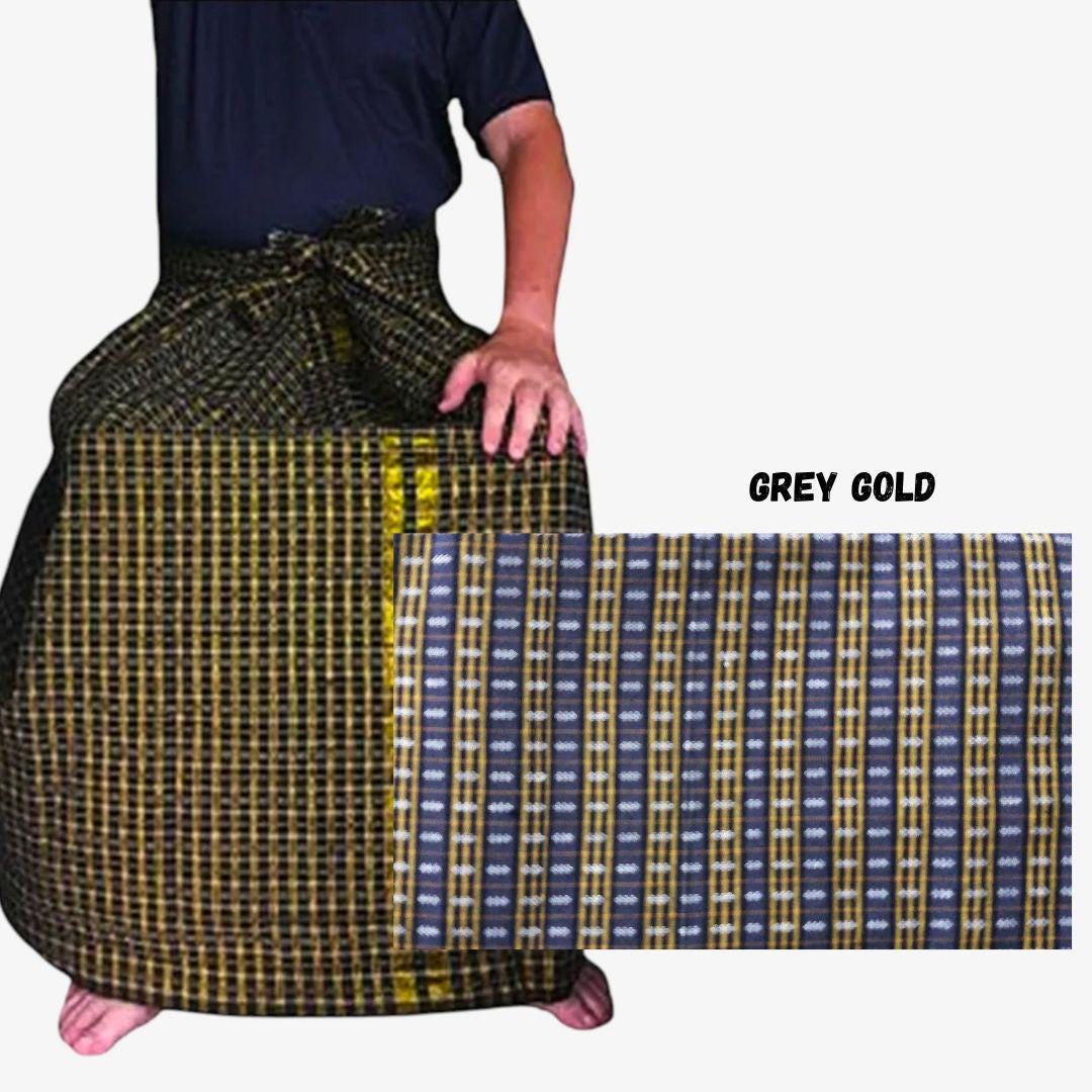 Handmade Cotton Sarong for Men: Black, Gold & Grey Longyi, casual, free size beach wear