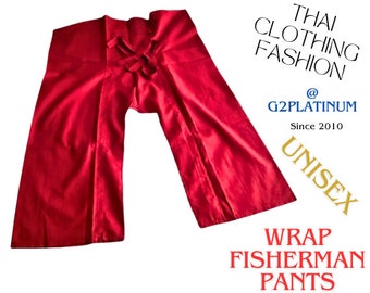 Thai-style fisherman pants, loose fitting, 100% cotton pants, unisex fashion yoga wrap around trousers holiday wear red casual clothing