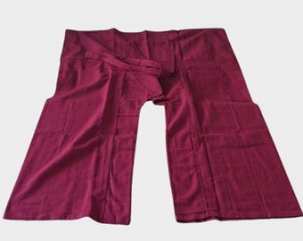 Thai Fisherman Pants, 100% linen, Yoga Pants, Plain burgundy unisex, Thai wrap pants, cotton pants, hippie pants, meditation pants
