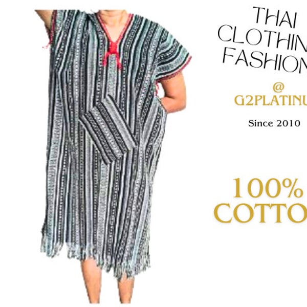 Thai Dress, Women's striped 100% Cotton Hand Woven, Hippie hobo clothing, Handmade Hill tribe ethnic, black and white,