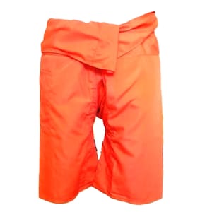 May include: Orange wrap pants with a wide waistband and a tie at the front.