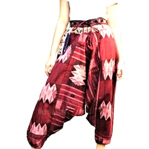 Women&#39;s 100% Cotton Pants, Ethnic Handmade Hill Tribe Trousers in Burgundy Red, Handwoven Design, Perfect Gift for Her, Festival Wear,