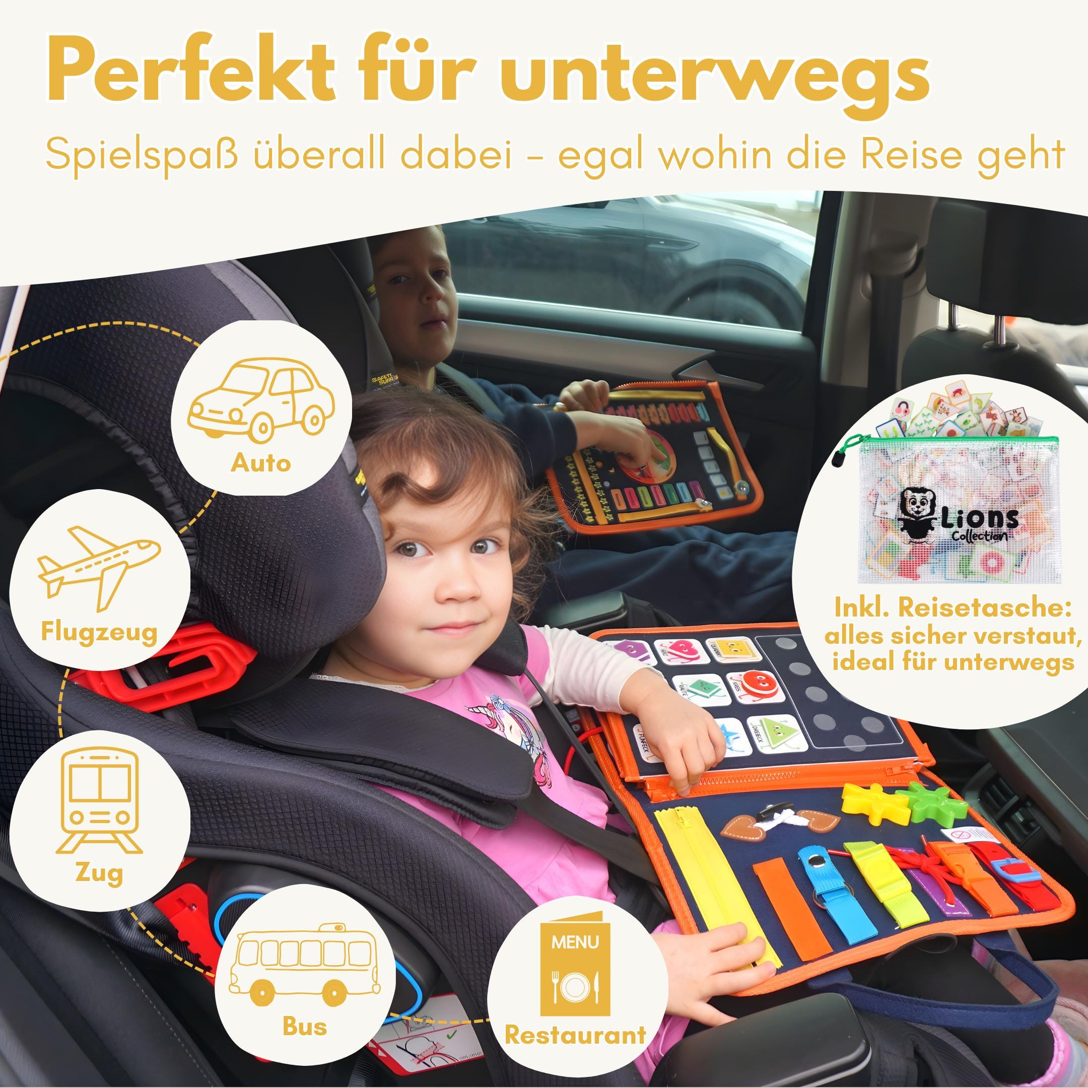 Lion's Collection® Busy Board Tedesco - Montessori Giocattoli a partire dai 3 anni per promuovere le capacità motorie e la creatività - Activity Board per bambini - Busy Book & Quiet Book