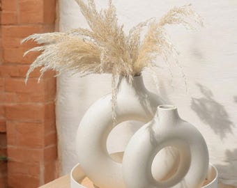 Set of 2 Circular Hollow Ceramic Vase, Donut Modern Vase, Small and Large Donut Vase, Nordic Decor, Housewarming Gift, Ring Vase, Boho Decor