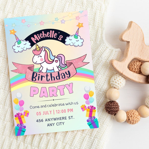 Bright and Colorful Unicorn Rainbow Invitation Template, birthday gifts, template, Instant Download, cute invitation, editable template,