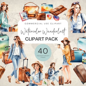 Acuarela Wanderlust - Chica con maleta Clipart Pack, Clipart para uso comercial, PNG transparentes