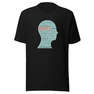 Può includere: Maglietta nera con una silhouette blu di una testa. La testa è piena di testo che descrive tratti di personalità, tra cui "decisivo", "intelligente", "analitico", "realistico", "laborioso", "diretto", "leale", "sicuro di sé", "duro", "strategico", "assertivo", "onesto", "affidabile", "pianificatore", "leader naturale", "motivato" e "critico". La parola "ENTJ" è evidenziata in arancione.
