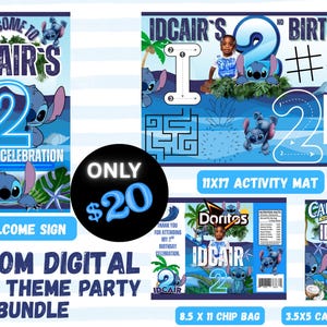 Blue Alien Birthday Bundle Editable Party Decorations | Kids Tropical Party Set | Juice Label Chip Bag Activity Sheet Welcome Sign