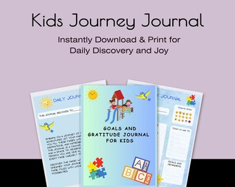 May include: Three printable journal covers for kids. The first cover is blue with a sun, a bird, and a child on a slide. The second cover is light blue with a puzzle piece and the text "Goals and Gratitude Journal for Kids". The third cover is light blue with a puzzle piece and the text "Today's Mood" and "Today I'd Like To".